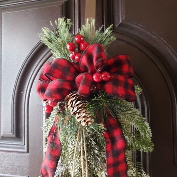 Christmas Holiday Swag Door Hanging Wreath/ Red and Black Buffalo Plaid Ribbon - Picture 5 of 7